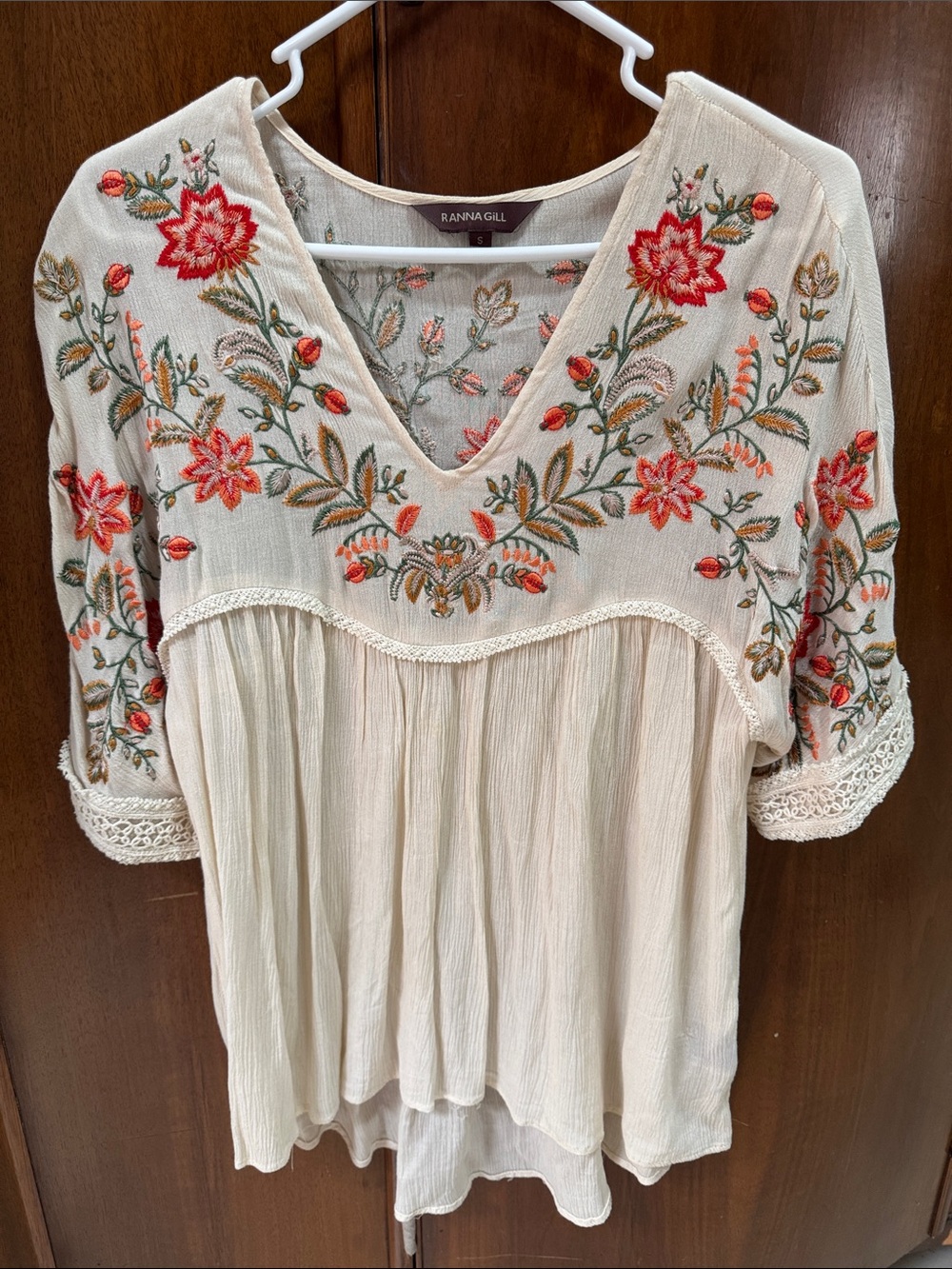 Ranna Gill Cream Embroidered V-Neck Tunic with Red Floral Accents